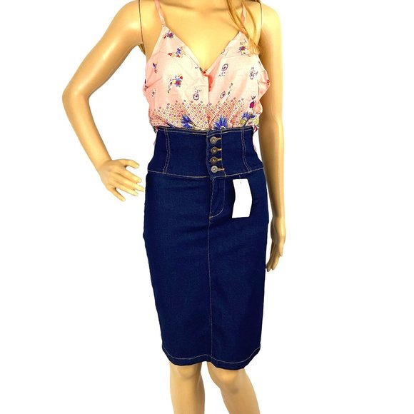 Dark Blue Denim High Waist Skirt - Picture 2 of 4